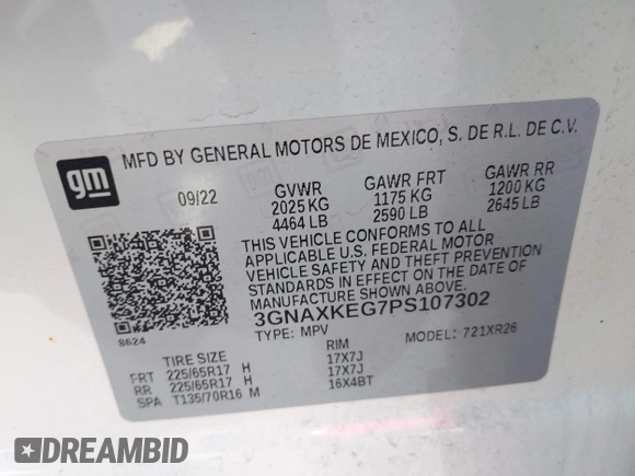 2023 Chevrolet Equinox LT with VIN 3GNAXKEG7PS107302, listed as a IAAI auction lot 41784827 with 59,398 mi miles and . Bid and sale history available at carsss.com. Image 9.
