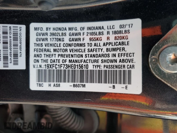 2017 Honda Civic Sedan EX-L with VIN 19XFC1F73HE015610, listed as a Copart auction lot 51962635 with 59,212 mi miles and Salvage Title. Bid and sale history available at carsss.com. Image 13.