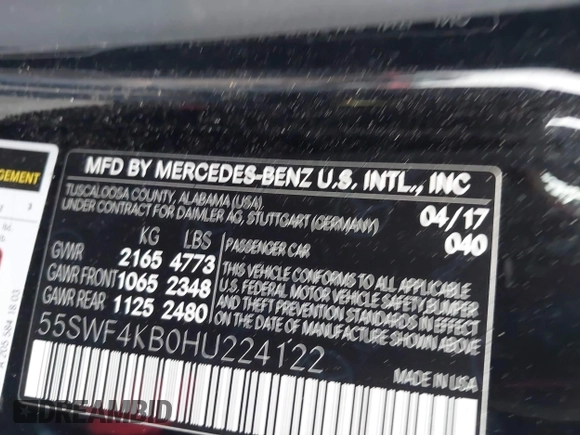 2017 Mercedes-Benz C 300 with VIN 55SWF4KB0HU224122, listed as a IAAI auction lot 41128283 with 93,861 mi miles and . Bid and sale history available at carsss.com. Image 9.
