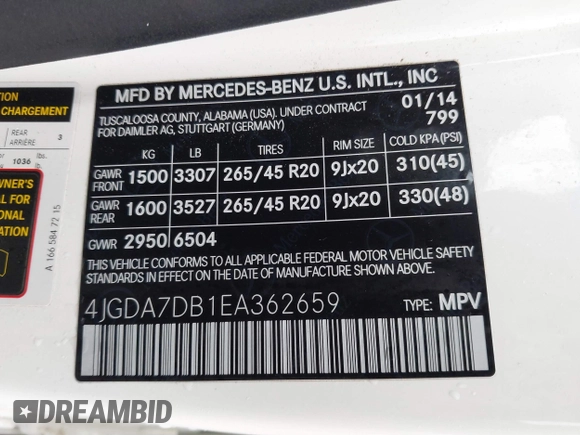 2014 Mercedes-Benz M 550 with VIN 4JGDA7DB1EA362659, listed as a IAAI auction lot 41704573 with 163,341 mi miles and . Bid and sale history available at carsss.com. Image 9.