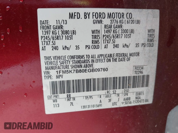 2014 Ford Explorer with VIN 1FM5K7B80EGB09760, listed as a IAAI auction lot 41903325 with 104,889 mi miles and . Bid and sale history available at DreamBid. Image 9.