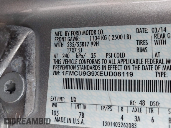 2014 Ford Escape SE with VIN 1FMCU9G9XEUD08119, listed as a IAAI auction lot 41828389 with 126,851 mi miles. Bid and sale history available at carsss.com. Image 9.
