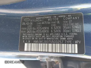 2007 Hyundai Tucson GLS with VIN KM8JM12B37U503257, listed as a IAAI auction lot 42173766 with 122,934 mi miles. Bid and sale history available at carsss.com. Image 9.