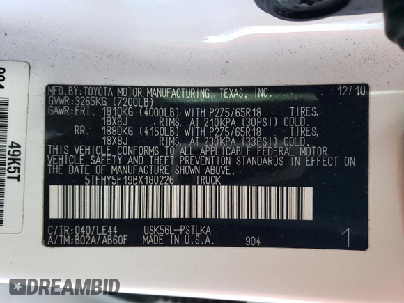 2011 Toyota Tundra 4WD Truck LTD with VIN 5TFHY5F19BX180226, listed as a Copart auction lot 86322504 with 140,301 mi miles and Salvage Title. Bid and sale history available at carsss.com. Image 12.