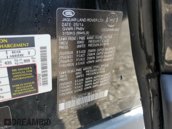 2014 Land Rover Range Rover Supercharged with VIN SALGS2TF3EA175762, listed as a Copart auction lot 46583085 with 97,321 mi miles and Clean title. Bid and sale history available at DreamBid. Image 13.