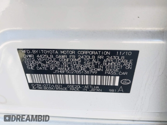 2011 Lexus IS 250 with VIN JTHBF5C27B5138799, listed as a IAAI auction lot 42452559 with 111,605 mi miles and . Bid and sale history available at DreamBid. Image 9.