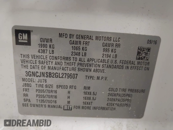 2016 Chevrolet Trax LS with VIN 3GNCJNSB2GL279607, listed as a IAAI auction lot 41421621 with 51,581 mi miles. Bid and sale history available at carsss.com. Image 9.