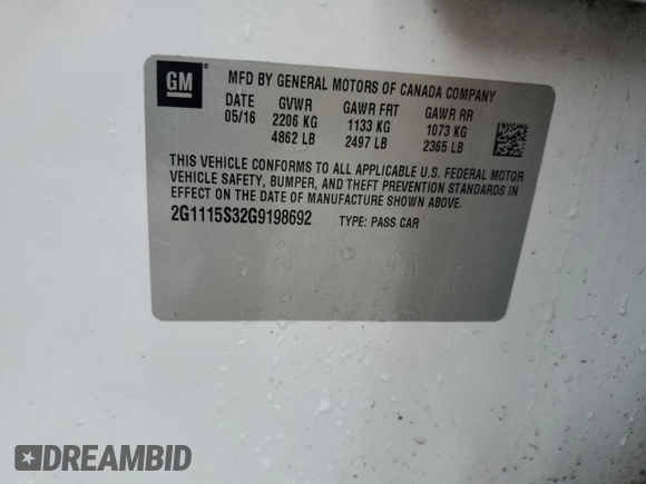 2016 Chevrolet Impala LT z VIN 2G1115S32G9198692, wystawiony jako Copart lot #55607475 z przebiegiem 172 167 mil mil oraz Szkoda całkowita • Salvage title. Historia ofert i sprzedaży dostępna na DreamBid. Obrazek 13.