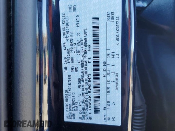 2024 Ford F-150 Lightning XLT with VIN 1FTVW3LK1RWG18473, listed as a Copart auction lot 86523084 with 6,824 mi miles and Salvage title. Bid and sale history available at DreamBid. Image 14.
