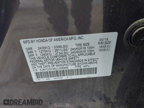 2018 Acura MDX with VIN 5J8YD3H38JL008968, listed as a IAAI auction lot 41695283 with 153,201 mi miles and . Bid and sale history available at carsss.com. Image 9.