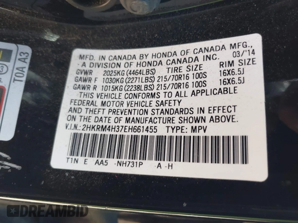 2014 Honda CR-V LX with VIN 2HKRM4H37EH661455, listed as a IAAI auction lot 41753487 with 88,898 mi miles. Bid and sale history available at carsss.com. Image 9.
