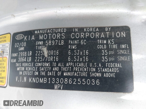 2008 Kia Sedona with VIN KNDMB133086255036, listed as a IAAI auction lot 41923884 with 269,470 mi miles. Bid and sale history available at carsss.com. Image 9.