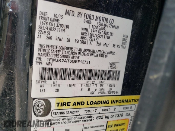 2016 Ford Expedition Max Limited with VIN 1FMJK2AT6GEF12731, listed as a Copart auction lot 54568885 with 183,644 mi miles and Salvage Title. Bid and sale history available at DreamBid. Image 13.