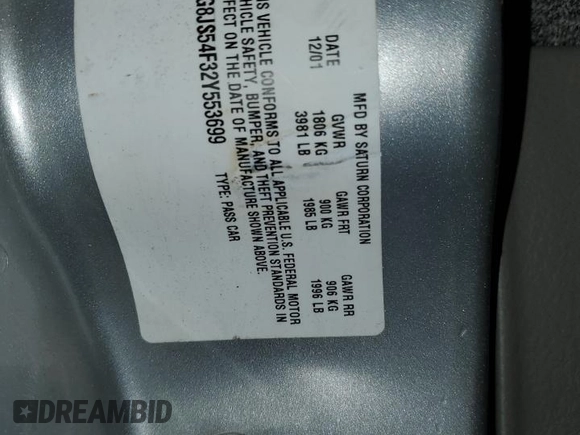 2002 Saturn LS z VIN 1G8JS54F32Y553699, wystawiony jako Copart lot #52019935 z przebiegiem 2513 mil mil oraz Szkody całkowita. Historia ofert i sprzedaży dostępna na DreamBid. Obrazek 13.