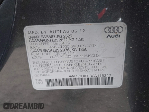 2012 Audi Q5 3.2L Premium Plus with VIN WA1DKAFP8CA115217, listed as a IAAI auction lot 42080098 with 97,187 mi miles. Bid and sale history available at carsss.com. Image 9.