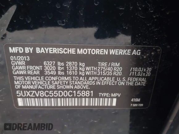 2013 BMW X5 xDrive50i z VIN 5UXZV8C55D0C15881, wystawiony jako IAAI lot #41695992 z przebiegiem 173 391 mil mil oraz . Historia ofert i sprzedaży dostępna na DreamBid. Obrazek 9.