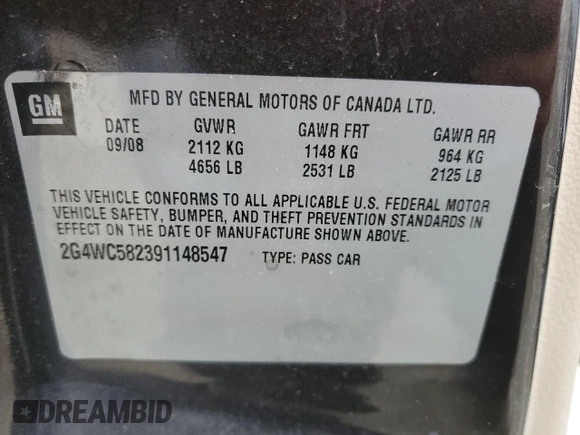 2009 Buick LaCrosse CX with VIN 2G4WC582391148547, listed as a Copart auction lot 47933125 with 44,914 mi miles and Salvage Title. Bid and sale history available at carsss.com. Image 12.