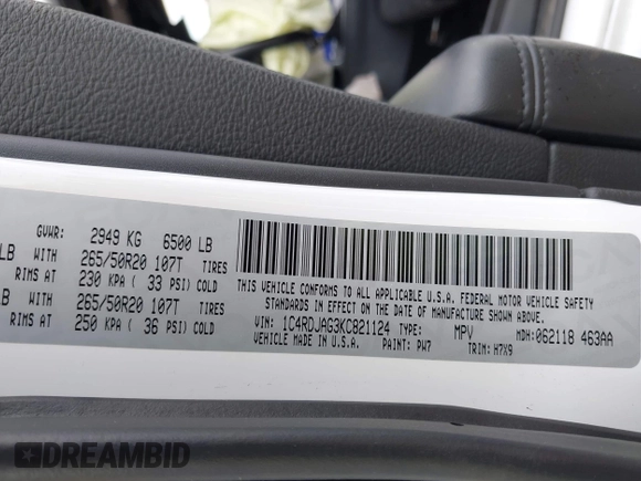 2019 Dodge Durango SXT Plus with VIN 1C4RDJAG3KC821124, listed as a IAAI auction lot 42214374 with 102,134 mi miles and . Bid and sale history available at DreamBid. Image 9.