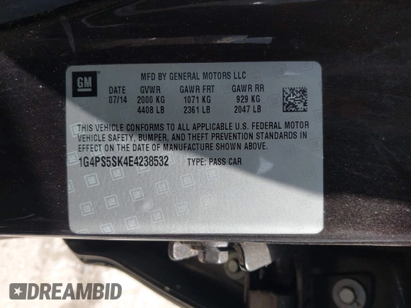 2014 Buick Verano Leather Group with VIN 1G4PS5SK4E4238532, listed as a IAAI auction lot 42064686 with 94,426 mi miles. Bid and sale history available at carsss.com. Image 9.