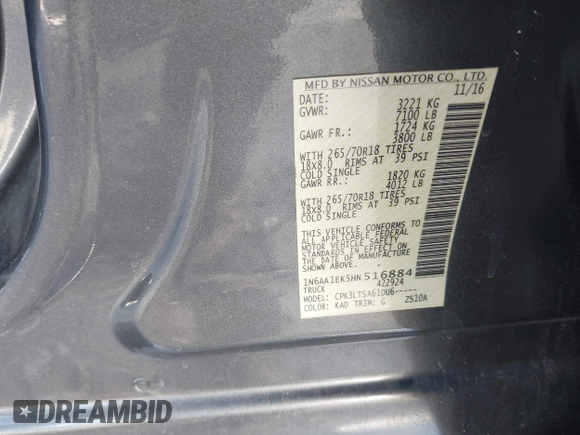 2017 Nissan Titan SV with VIN 1N6AA1EK5HN516884, listed as a IAAI auction lot 41225719 with 109,749 mi miles and . Bid and sale history available at DreamBid. Image 9.