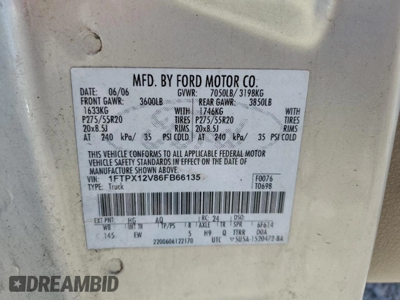 2006 Ford F-150 XL с VIN 1FTPX12V86FB66135, выставлен на аукционе Copart как лот 49685665 с пробегом 347 573 миль миль и Списание • Salvage title. История ставок и продаж доступна на DreamBid. Изображение 12.