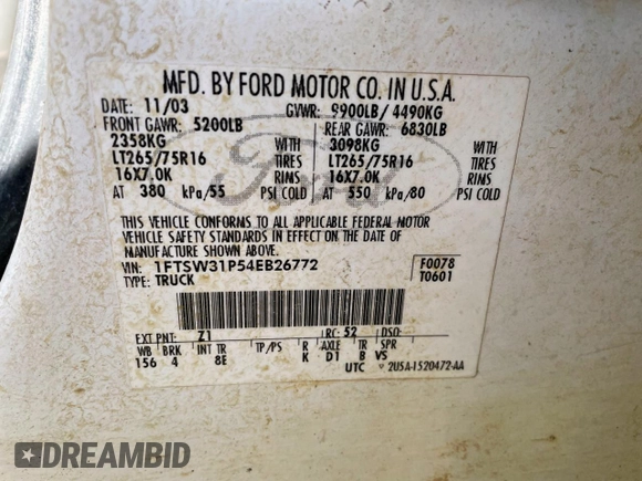 2004 Ford F-350 XL with VIN 1FTSW31P54EB26772, listed as a Copart auction lot 56300325 with 210,944 mi miles and Clean Title. Bid and sale history available at DreamBid. Image 10.