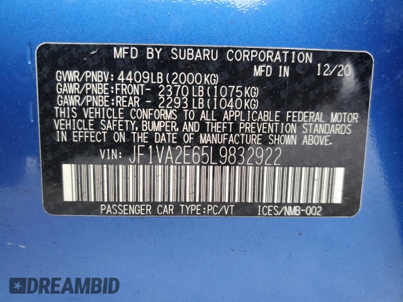 2020 Subaru WRX STI с VIN JF1VA2E65L9832922, выставлен на аукционе Copart как лот 48946515 с пробегом 39 276 миль миль и Списание • Salvage title. История ставок и продаж доступна на DreamBid. Изображение 13.