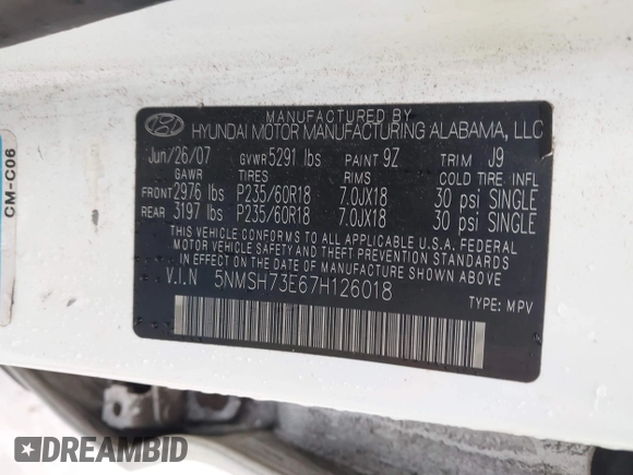 2007 Hyundai Santa Fe SE with VIN 5NMSH73E67H126018, listed as a IAAI auction lot 42309323 with Not provided miles and . Bid and sale history available at DreamBid. Image 9.