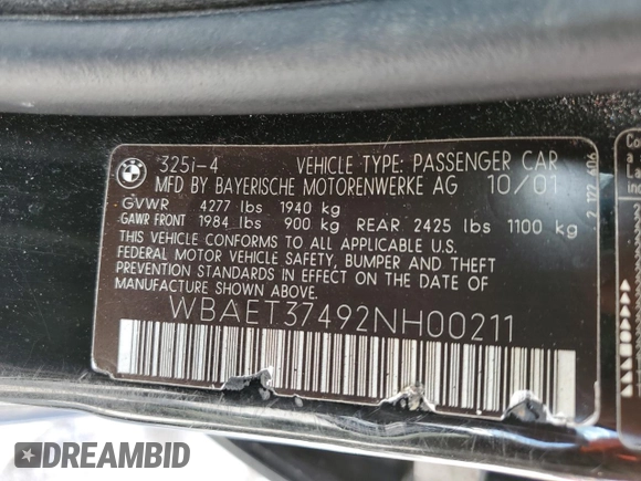 2002 BMW 3 Series 325i with VIN WBAET37492NH00211, listed as a Copart auction lot 69934174 with 177,833 mi miles and Non Repairable. Bid and sale history available at carsss.com. Image 12.