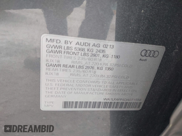 2013 Audi Q5 Premium Plus z VIN WA1LFAFP4DA071556, wystawiony jako IAAI lot #42081304 z przebiegiem 129 888 mil mil oraz . Historia ofert i sprzedaży dostępna na DreamBid. Obrazek 9.