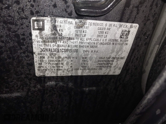 2012 Chevrolet Captiva Sport LT with VIN 3GNAL3E51CS615100, listed as a IAAI auction lot 41859588 with 129,397 mi miles. Bid and sale history available at carsss.com. Image 9.