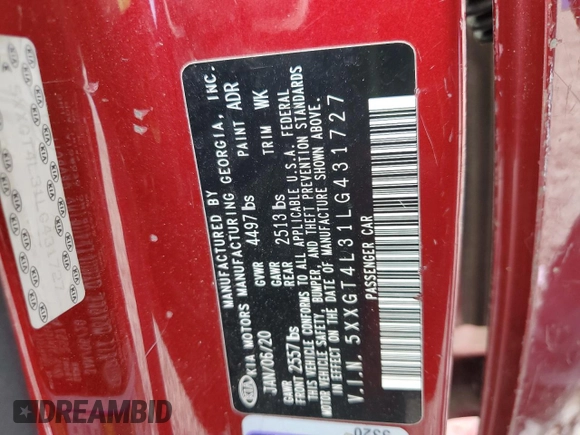 2020 Kia Optima SE z VIN 5XXGT4L31LG431727, wystawiony jako Copart lot #51875955 z przebiegiem 69 377 mil mil oraz Szkoda całkowita • Salvage title. Historia ofert i sprzedaży dostępna na DreamBid. Obrazek 14.