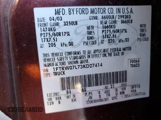 2003 Ford F-150 XLT with VIN 1FTRW07L73KD27414, listed as a Copart auction lot 46600145 with Not Provided miles and Salvage Title. Bid and sale history available at carsss.com. Image 15.