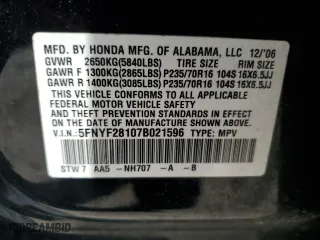 2007 Honda Pilot LX with VIN 5FNYF28107B021596, listed as a Copart auction lot 51256235 with 176,391 mi miles and Clean Title. Bid and sale history available at carsss.com. Image 12.