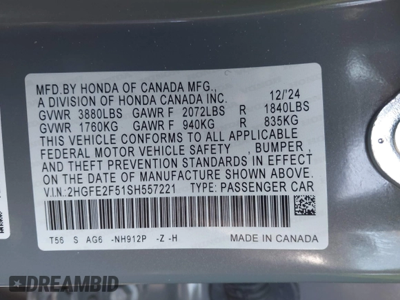2025 Honda Civic Sport with VIN 2HGFE2F51SH557221, listed as a IAAI auction lot 42344477 with 313 mi miles and . Bid and sale history available at DreamBid. Image 9.