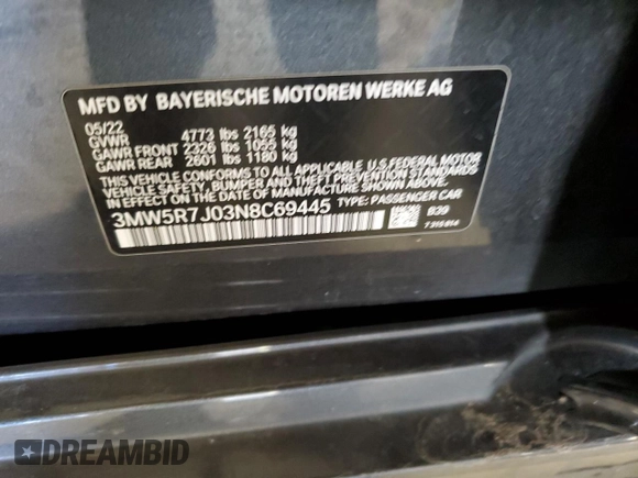 2022 BMW 3 Series 330i xDrive with VIN 3MW5R7J03N8C69445, listed as a Copart auction lot 48023605 with 0 mi miles and Salvage Title. Bid and sale history available at carsss.com. Image 12.