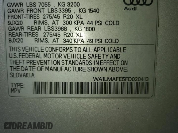 2015 Audi Q7 Premium Plus with VIN WA1LMAFE5FD020413, listed as a Copart auction lot 65028835 with 217,394 mi miles and Clean title. Bid and sale history available at DreamBid. Image 13.