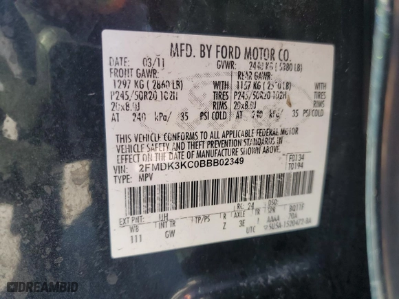 2011 Ford Edge Limited with VIN 2FMDK3KC0BBB02349, listed as a Copart auction lot 48979005 with 93,474 mi miles and Salvage Title. Bid and sale history available at carsss.com. Image 13.