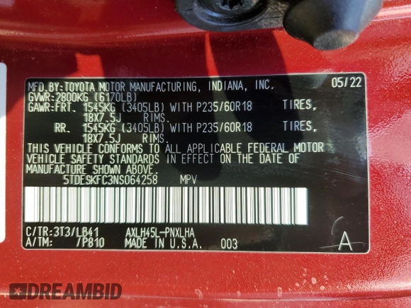 2022 Toyota Sienna Platinum z VIN 5TDESKFC3NS064258, wystawiony jako Copart lot #75260414 z przebiegiem Nie podano mil oraz Szkoda całkowita • Salvage title. Historia ofert i sprzedaży dostępna na DreamBid. Obrazek 14.