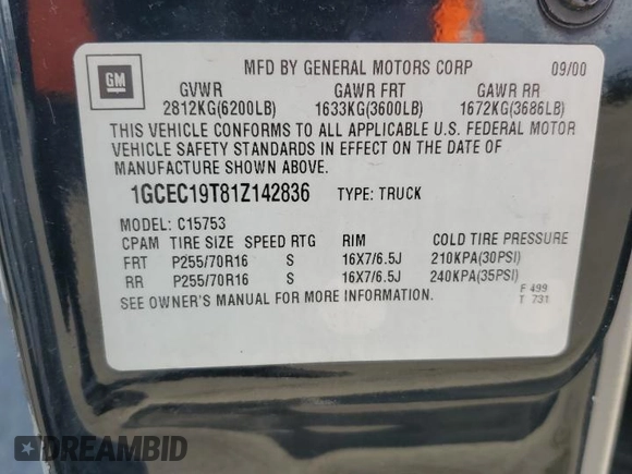 2001 Chevrolet Silverado 1500 with VIN 1GCEC19T81Z142836, listed as a Copart auction lot 49498445 with 337,498 mi miles and Salvage Title. Bid and sale history available at carsss.com. Image 12.