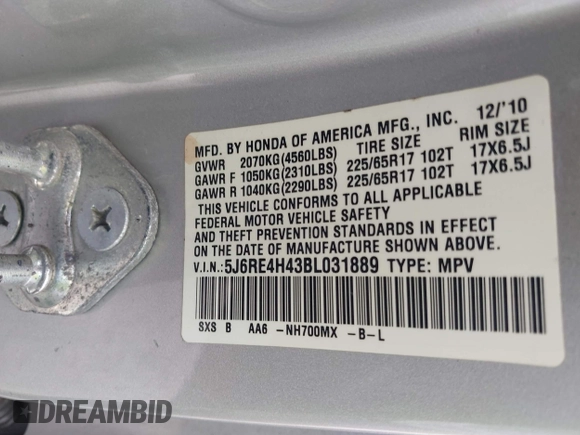 2011 Honda CR-V SE with VIN 5J6RE4H43BL031889, listed as a IAAI auction lot 41950949 with 264,503 mi miles. Bid and sale history available at carsss.com. Image 9.