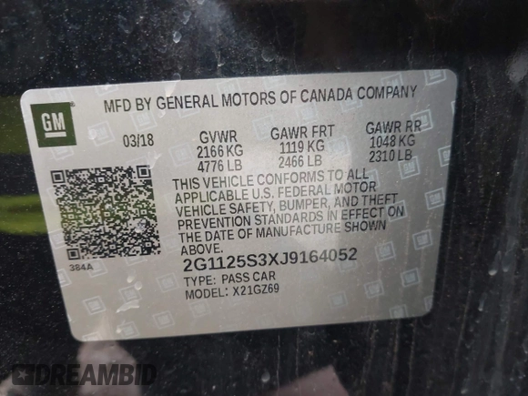2018 Chevrolet Impala Premier with VIN 2G1125S3XJ9164052, listed as a IAAI auction lot 42232908 with 100,025 mi miles and . Bid and sale history available at DreamBid. Image 9.