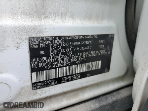 2022 Toyota RAV4 XLE with VIN 2T3P1RFV3NW264237, listed as a Copart auction lot 48542685 with 62,901 mi miles and Salvage title. Bid and sale history available at DreamBid. Image 13.