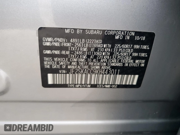 2019 Subaru Forester with VIN JF2SKACC9KH443011, listed as a Copart auction lot 55320985 with 26,734 mi miles and Salvage title. Bid and sale history available at DreamBid. Image 13.