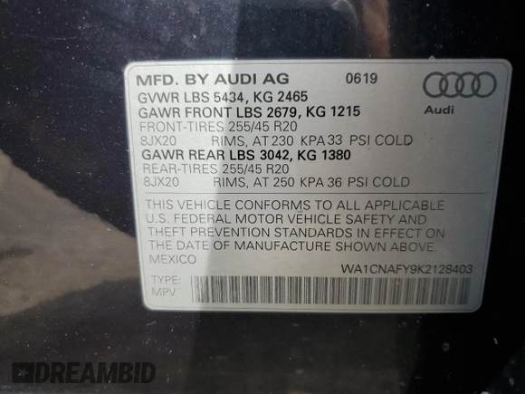 2019 Audi Q5 Prestige z VIN WA1CNAFY9K2128403, wystawiony jako Copart lot #58505195 z przebiegiem 97 257 mil mil oraz Szkoda całkowita • Salvage title. Historia ofert i sprzedaży dostępna na DreamBid. Obrazek 13.