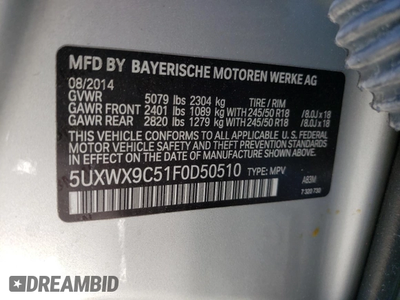 2015 BMW X3 xDrive28i with VIN 5UXWX9C51F0D50510, listed as a Copart auction lot 41821105 with 111,786 mi miles and Salvage Title. Bid and sale history available at carsss.com. Image 13.