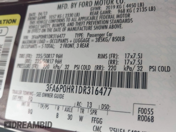 2013 Ford Fusion SE with VIN 3FA6P0HR1DR316477, listed as a IAAI auction lot 42764152 with 122,521 mi miles and . Bid and sale history available at DreamBid. Image 9.