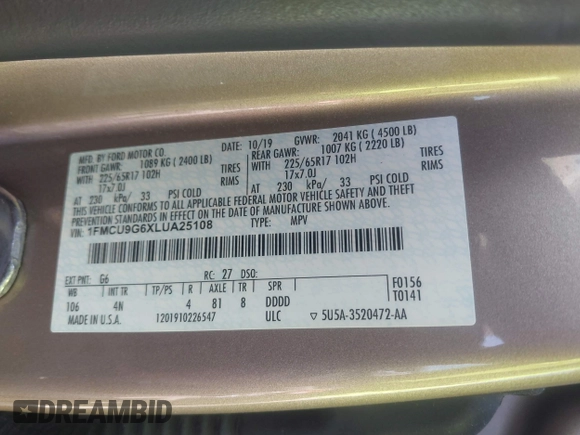 2020 Ford Escape SE with VIN 1FMCU9G6XLUA25108, listed as a IAAI auction lot 42106136 with 73,746 mi miles and . Bid and sale history available at DreamBid. Image 9.