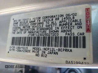 2002 Toyota ECHO with VIN JTDBT123025027203, listed as a Copart auction lot 70723424 with 187,299 mi miles and Salvage Title. Bid and sale history available at DreamBid. Image 12.