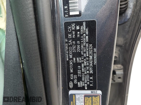 2021 Kia Forte GT-Line with VIN 3KPF34AD9ME282324, listed as a Copart auction lot 56571845 with Not provided miles and Non repairable. Bid and sale history available at DreamBid. Image 12.